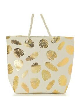 Metallic Gold Foil Leaf Pattern on White Canvas Tote Bag
